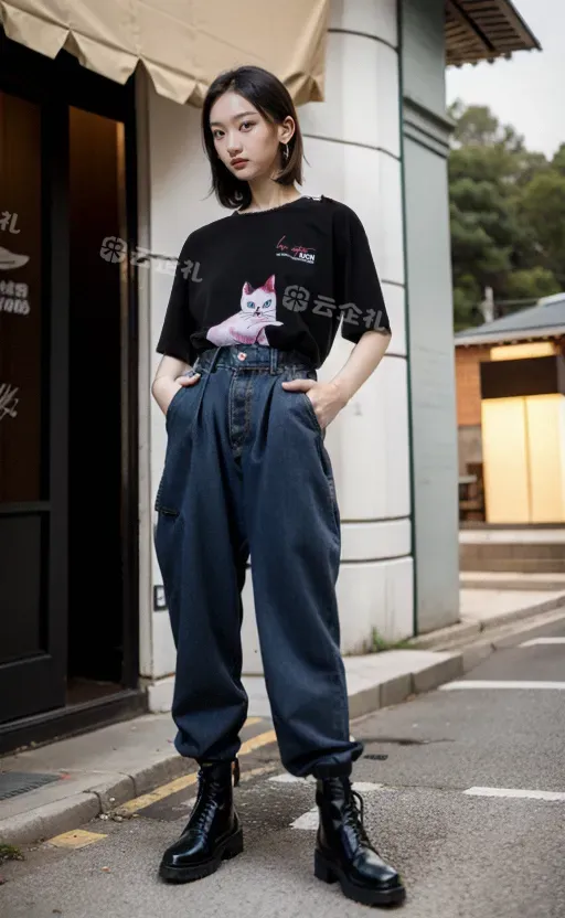 自研款-趣味女装T恤绘画猫和娃娃机