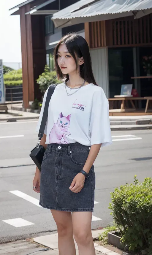 自研款-趣味女装T恤绘画猫和娃娃机